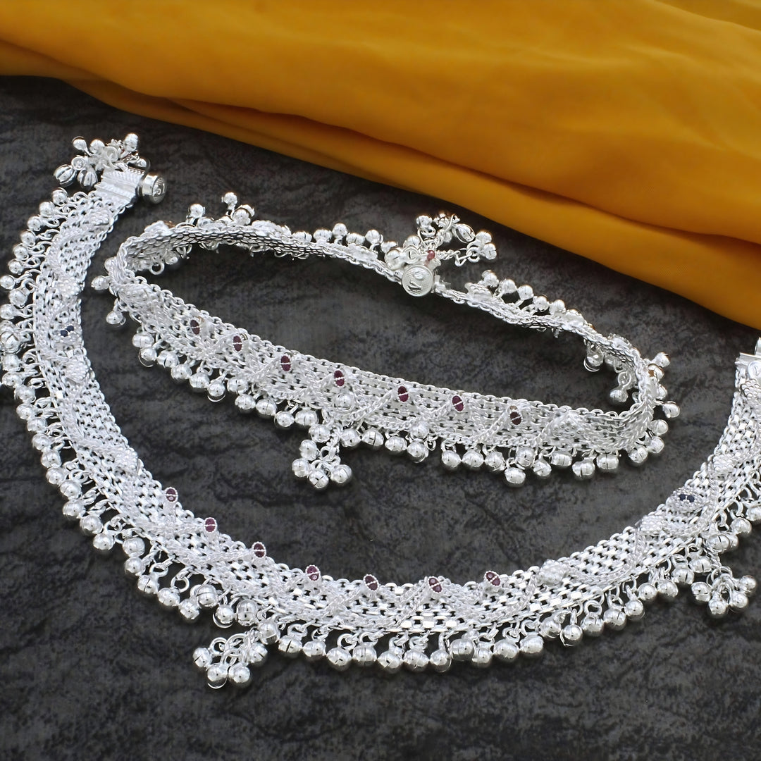 Elegant Bridal Real Silver Multi CZ Jhalar Anklet Pair for Women - 10 inch