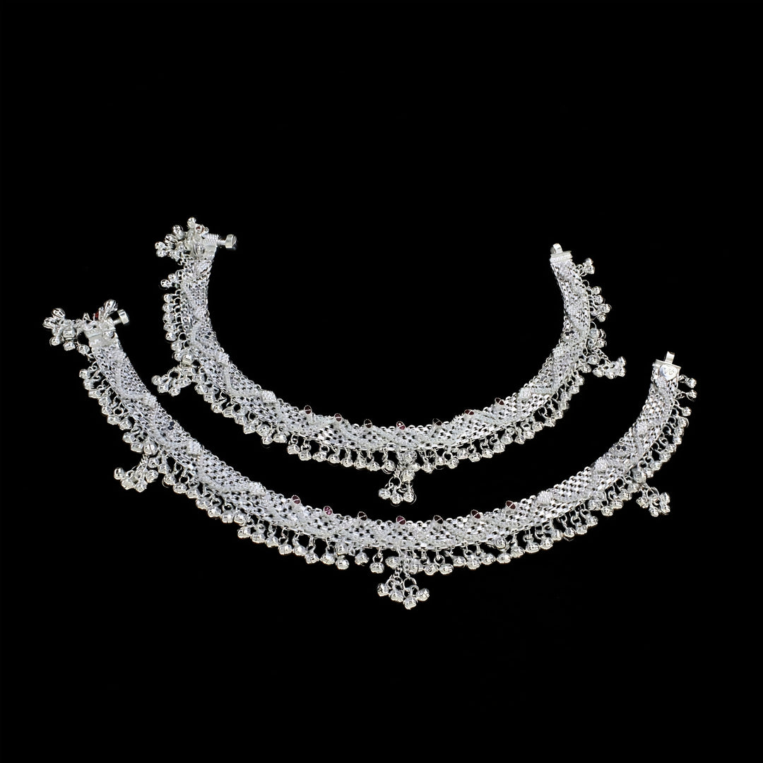Elegant Bridal Real Silver Multi CZ Jhalar Anklet Pair for Women - 10 inch
