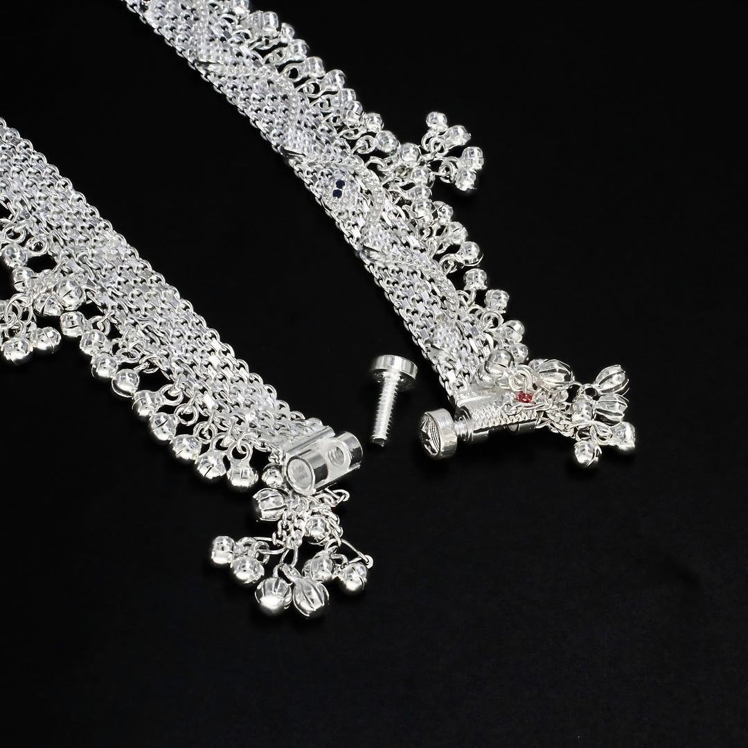 Elegant Bridal Real Silver Multi CZ Jhalar Anklet Pair for Women - 10 inch