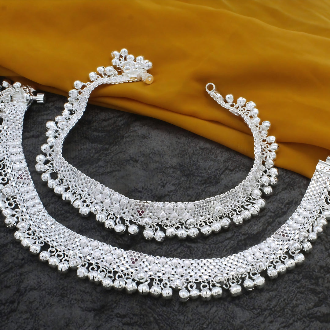 Premium Designer Real Silver Bridal Jingle Bells Pink CZ Anklet Pair - 10 inch