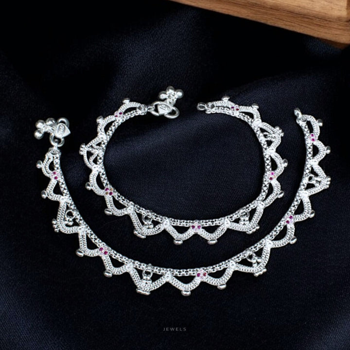 Party Ladies Designer Silver Anklets with Jhallar Design in pink and white stones 