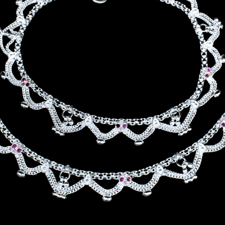 Pair of Women Silver Anklets With Pink White Stones 