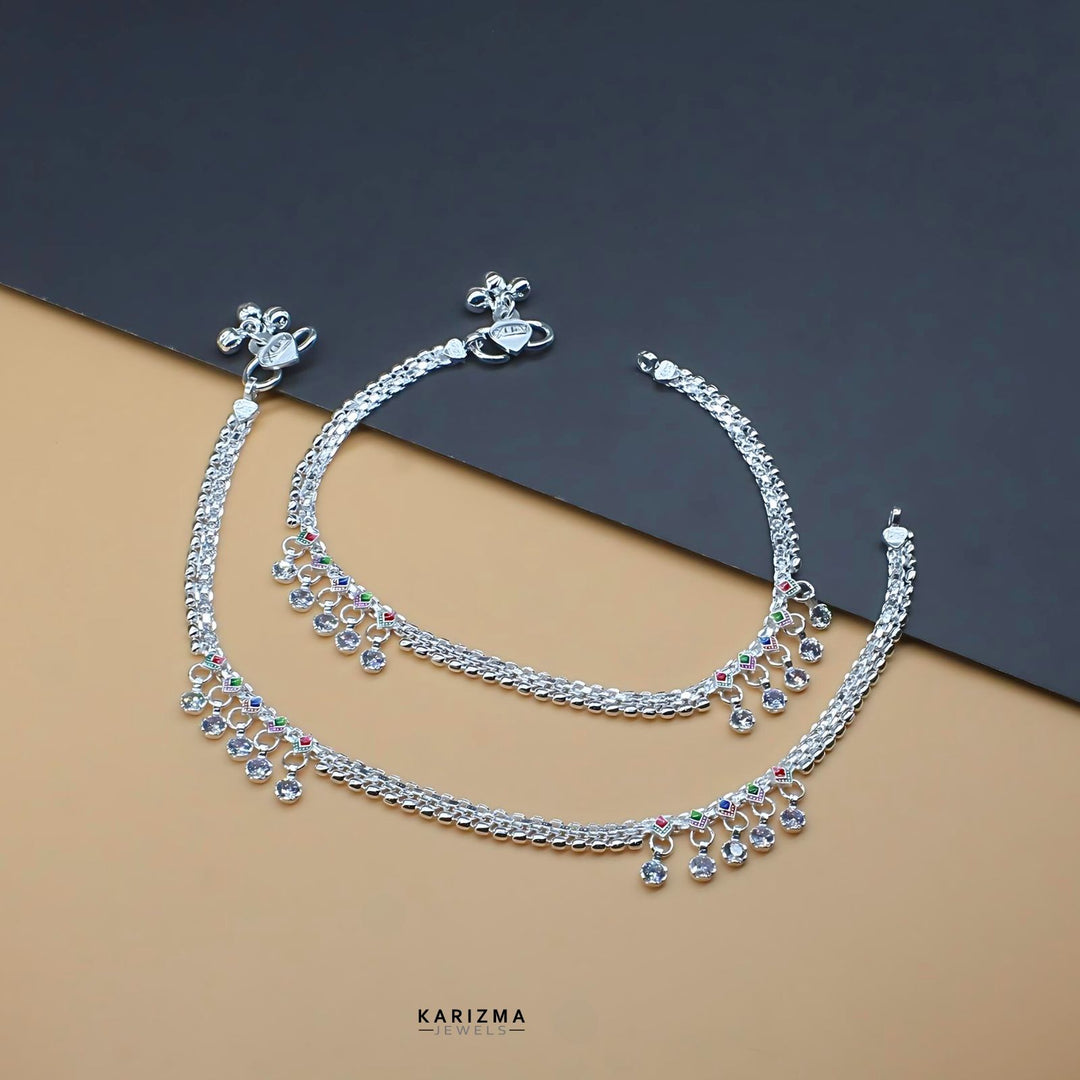 Real Silver Ankle Bracelet With Dangling White Stones 