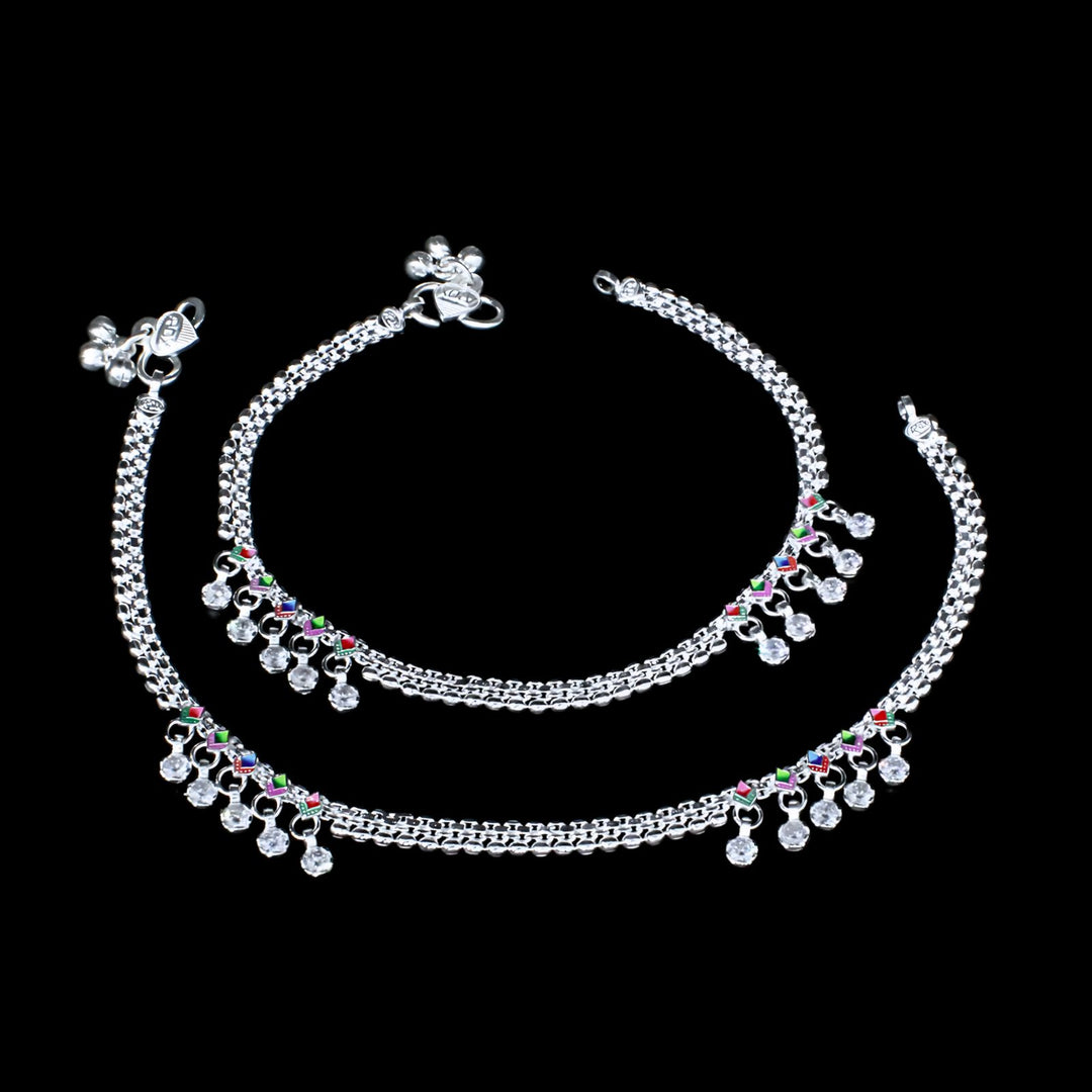 Pair of Elegant Silver Chain Anklet for Women with Multi-color Stones 