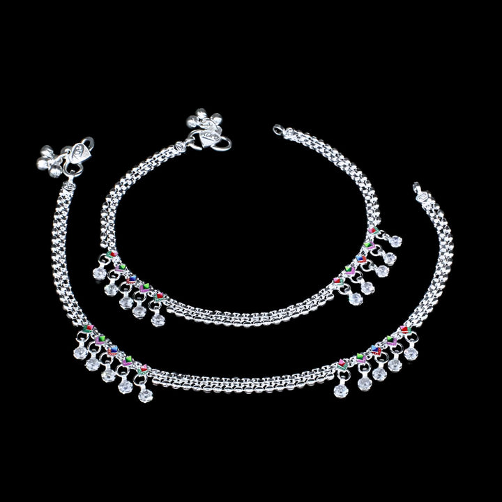 Pair of Elegant Silver Chain Anklet for Women with Multi-color Stones 