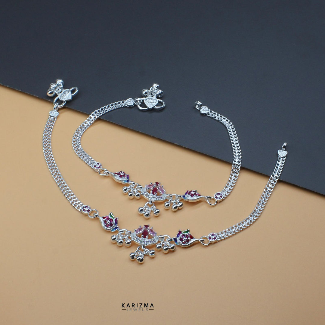 Real Silver Ankle Bracelet with Dangle balls and Multi-color stones