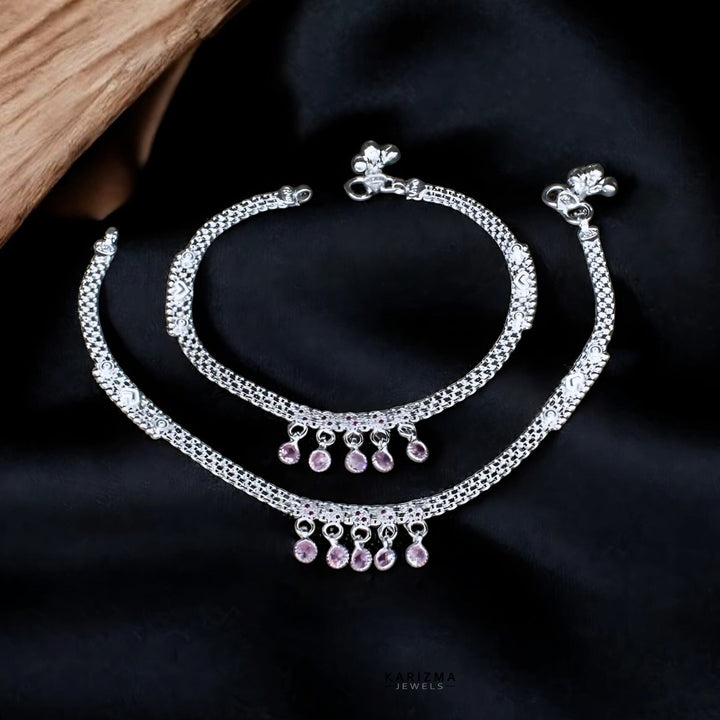 Silver Bridal Anklet with Dangle pink stones 