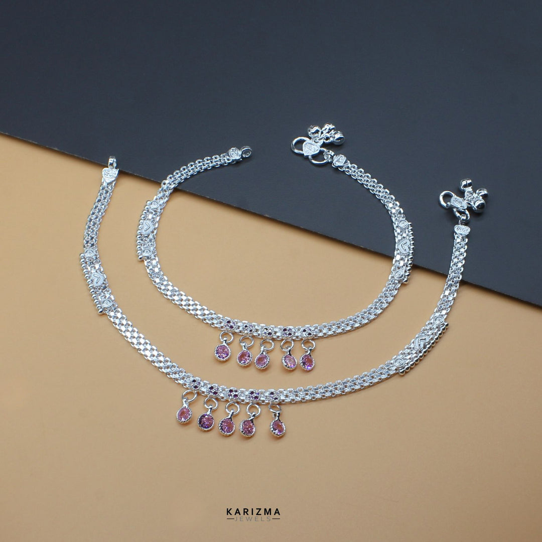 Bridal Ladies Silver Anklets with pink stones