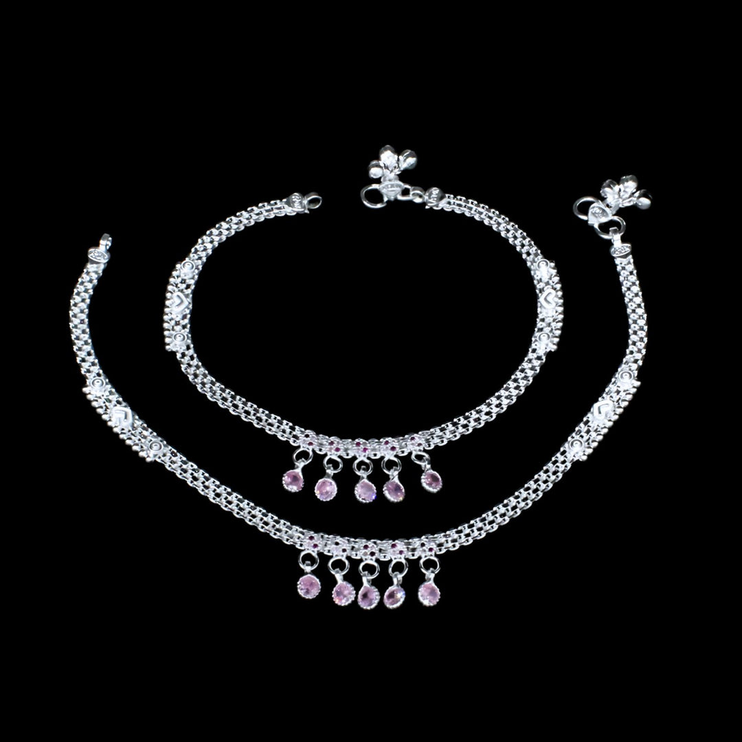 Latest Silver Anklet Designs for women with hanging pink stones 