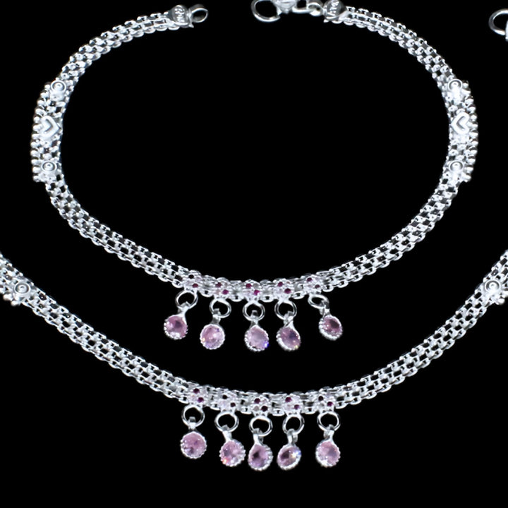 Pair of Women Silver Anklets with stones 