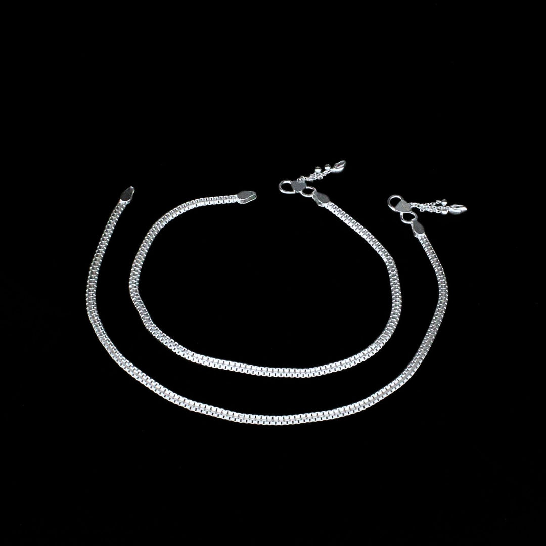 Flat Design 925 Sterling Silver Indian women Anklets Bracelet Pair 10"