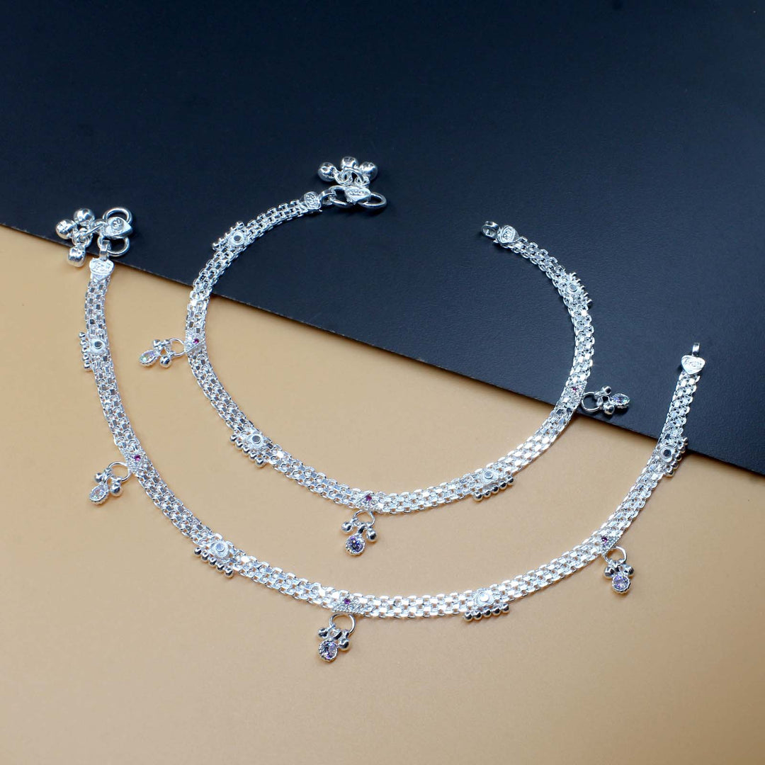 Real Silver Ankle Bracelet with Hanging Beads and With White Stone 