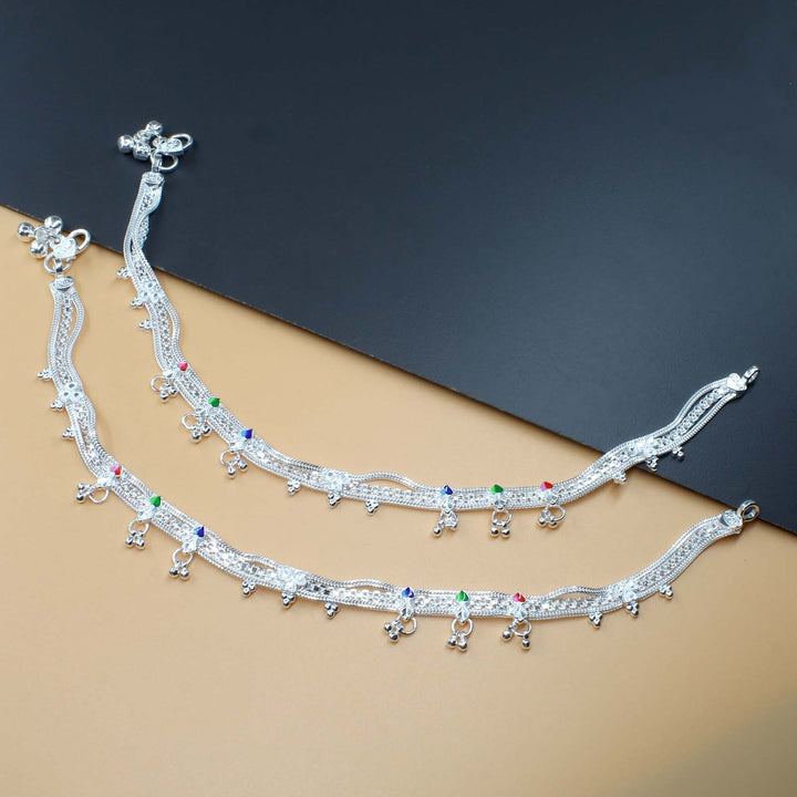 Real Silver Ankle Bracelet with Multi-color Stones 