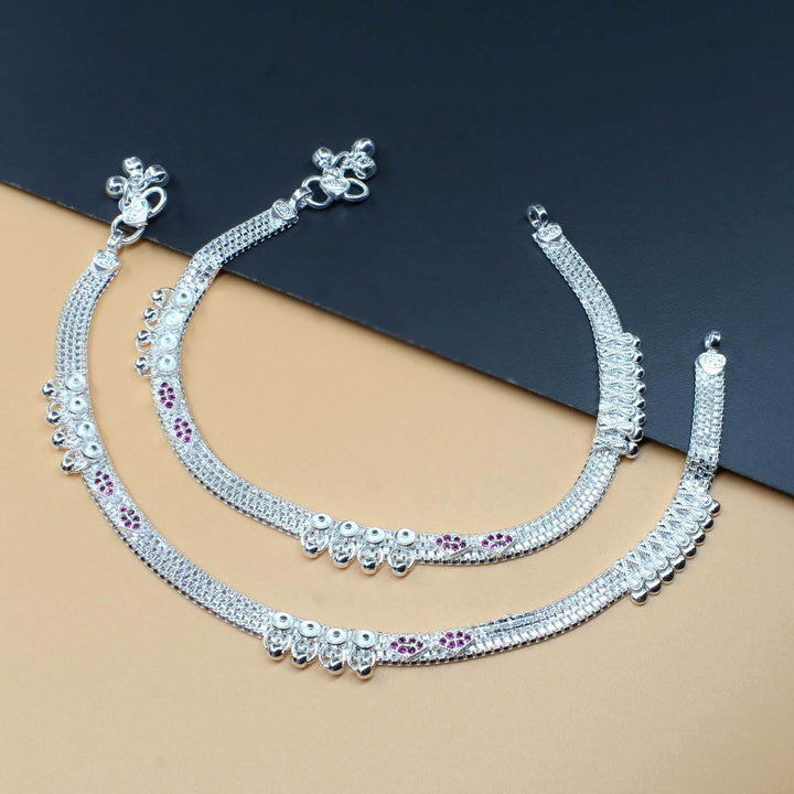 Indian Real Silver Ankle Bracelet with Pink and White Stones 