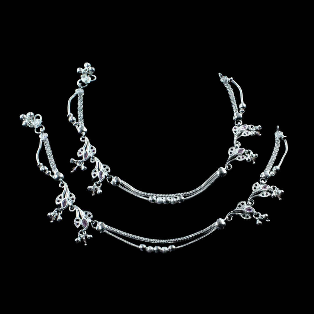 Women Silver Hook Anklets with Dangling Beads 