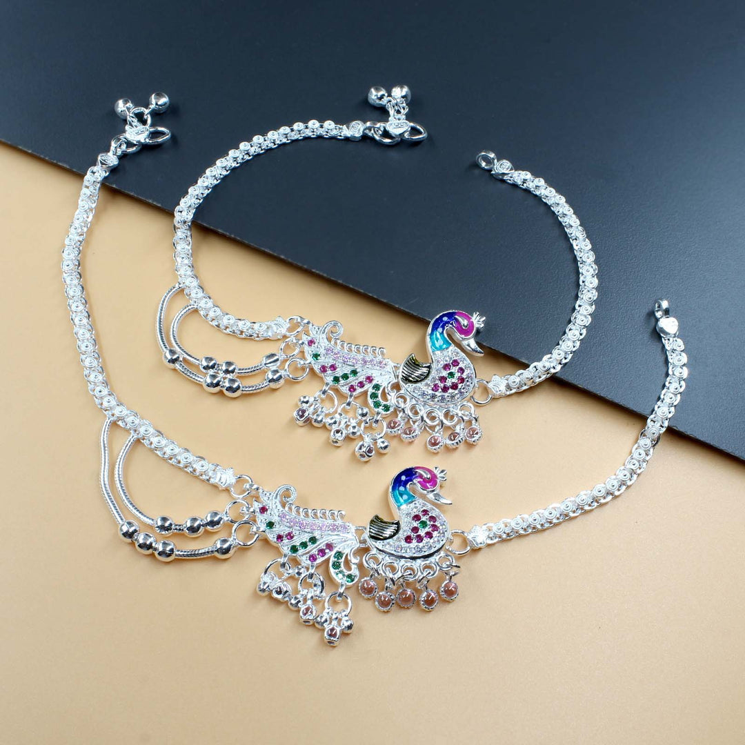 Unique peacock Design Real Silver Ankle Bracelet with Multi-color Stones 