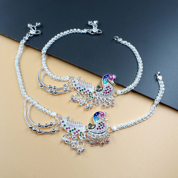 Unique peacock Design Real Silver Ankle Bracelet with Multi-color Stones 