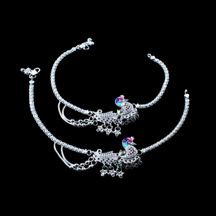 Wedding Wear Real Silver  Ankle chain in peacock Design with Stones 