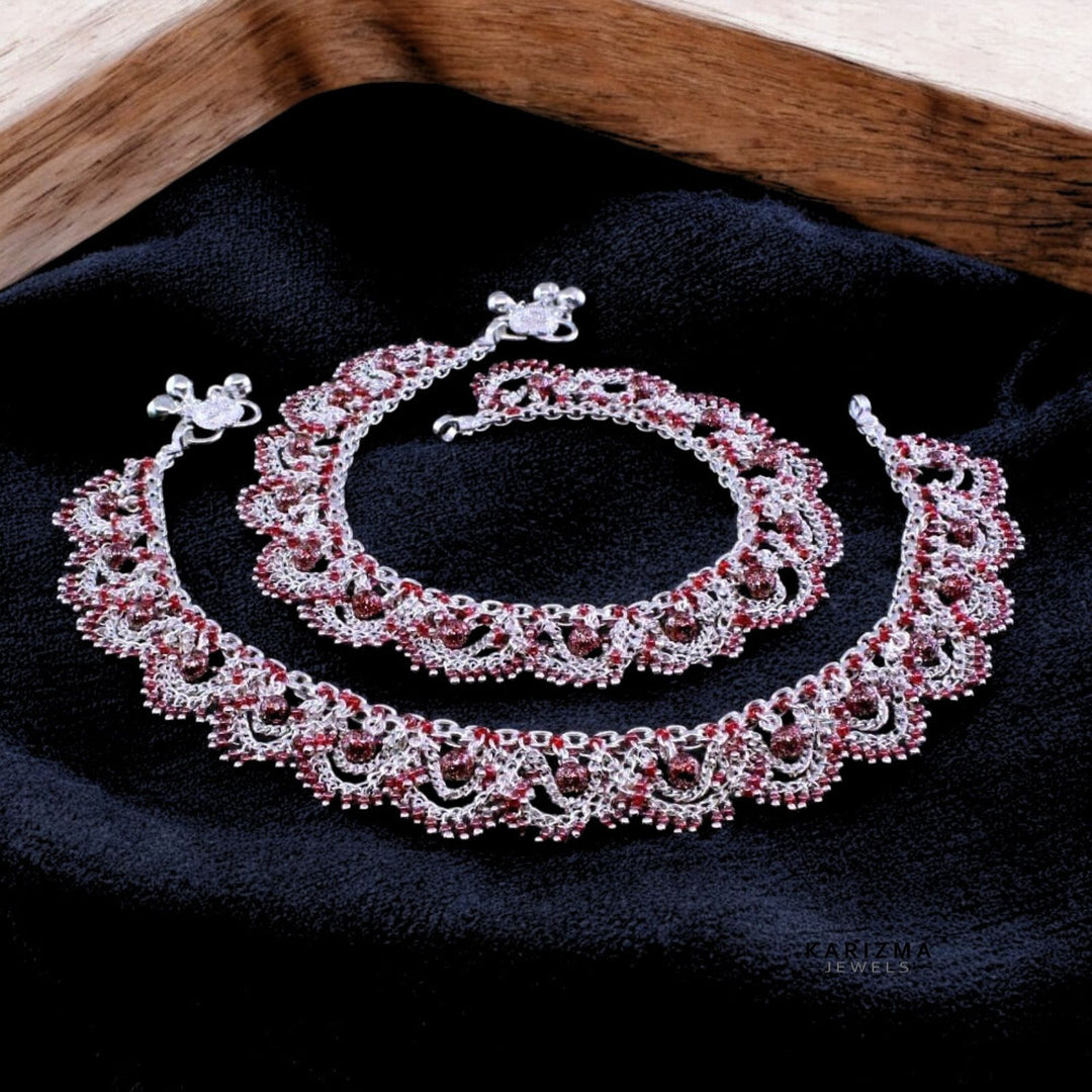 Stylish Modern Indian Real Silver Anklets for Female with Red Beads 
