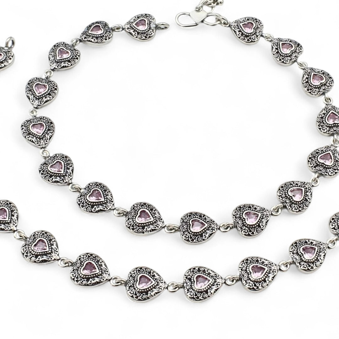 925 Sterling Silver Women Pink CZ Oxidised Hearts Anklet Pair 10.3"