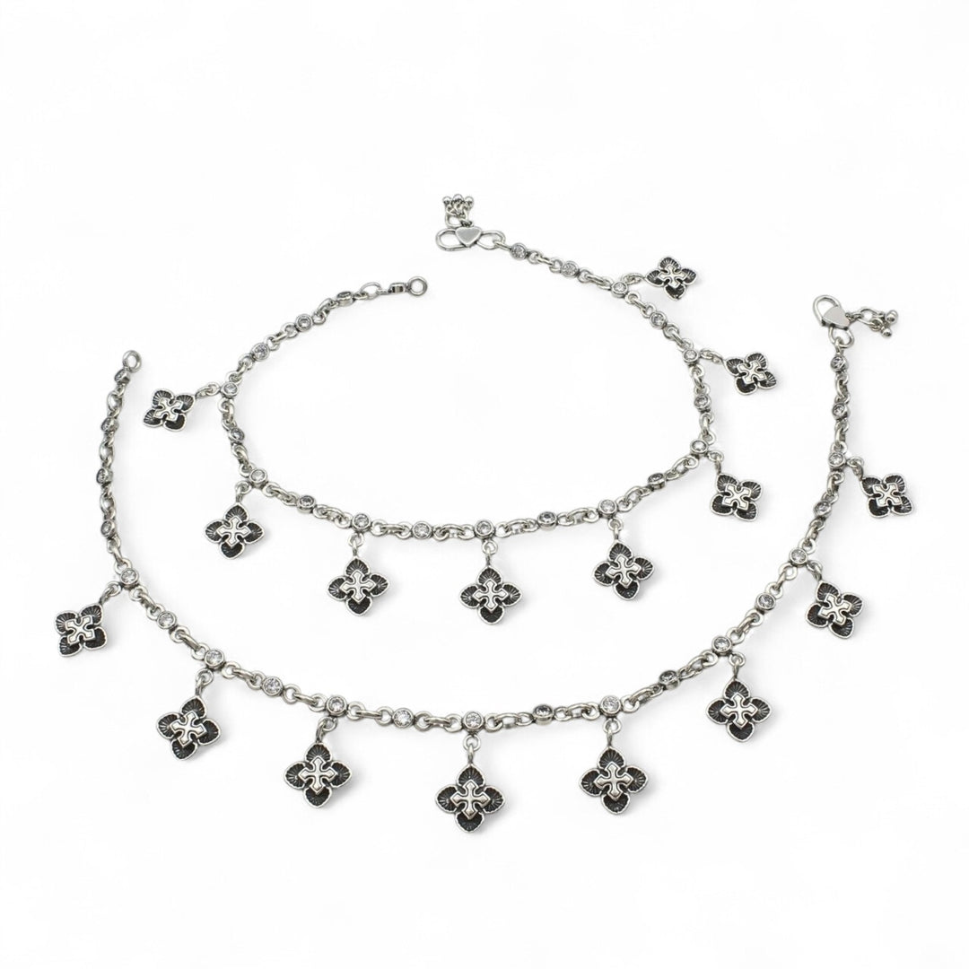 925 Sterling Silver dangle flower White CZ Oxidised divine Anklet Pair 10.7"