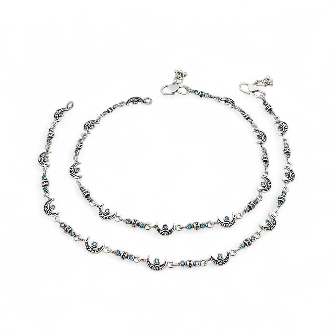 925 Sterling Silver Blue CZ Oxidised divine Moon Anklet Pair 10.5"