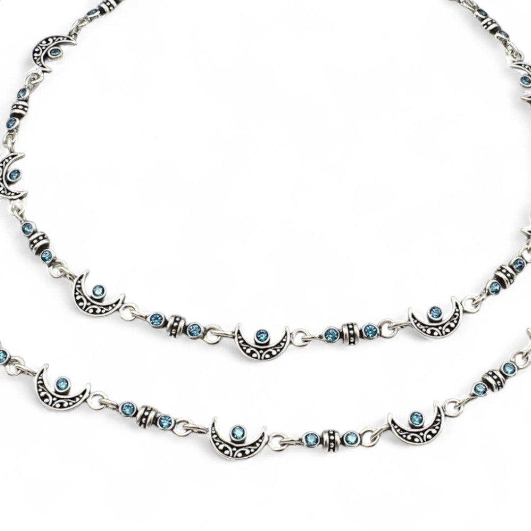 925 Sterling Silver Blue CZ Oxidised divine Moon Anklet Pair 10.5"