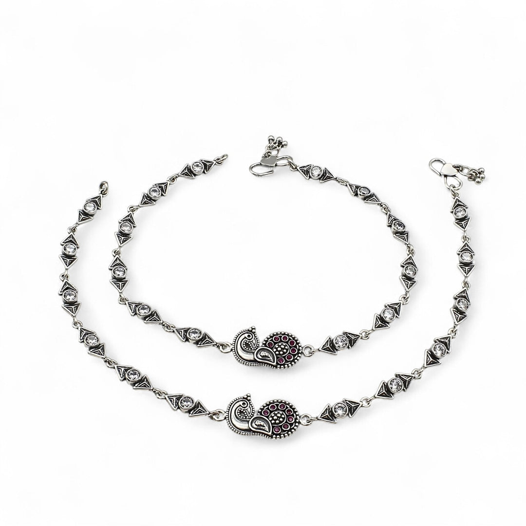 Trendy 925 Sterling Silver Pink White CZ Oxidised Peacock Anklet Pair 10"