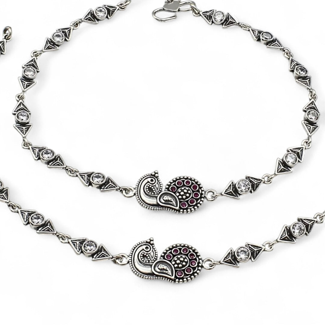 Trendy 925 Sterling Silver Pink White CZ Oxidised Peacock Anklet Pair 10"