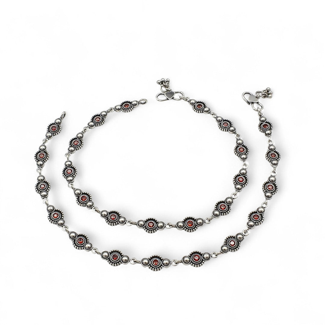 Floral Design 925 Sterling Silver Orange CZ Oxidised Anklet Pair 10"