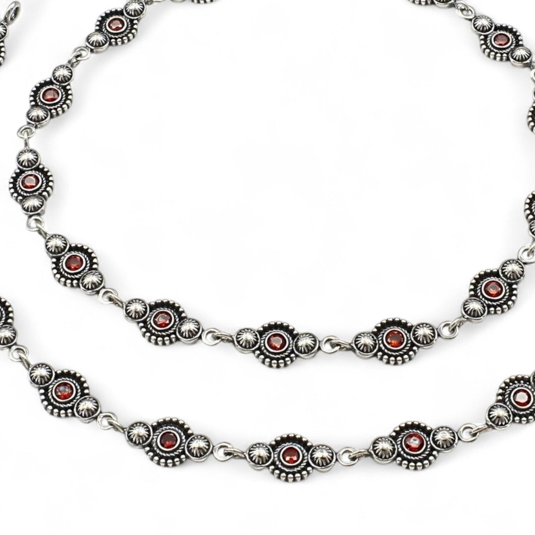 Floral Design 925 Sterling Silver Orange CZ Oxidised Anklet Pair 10"