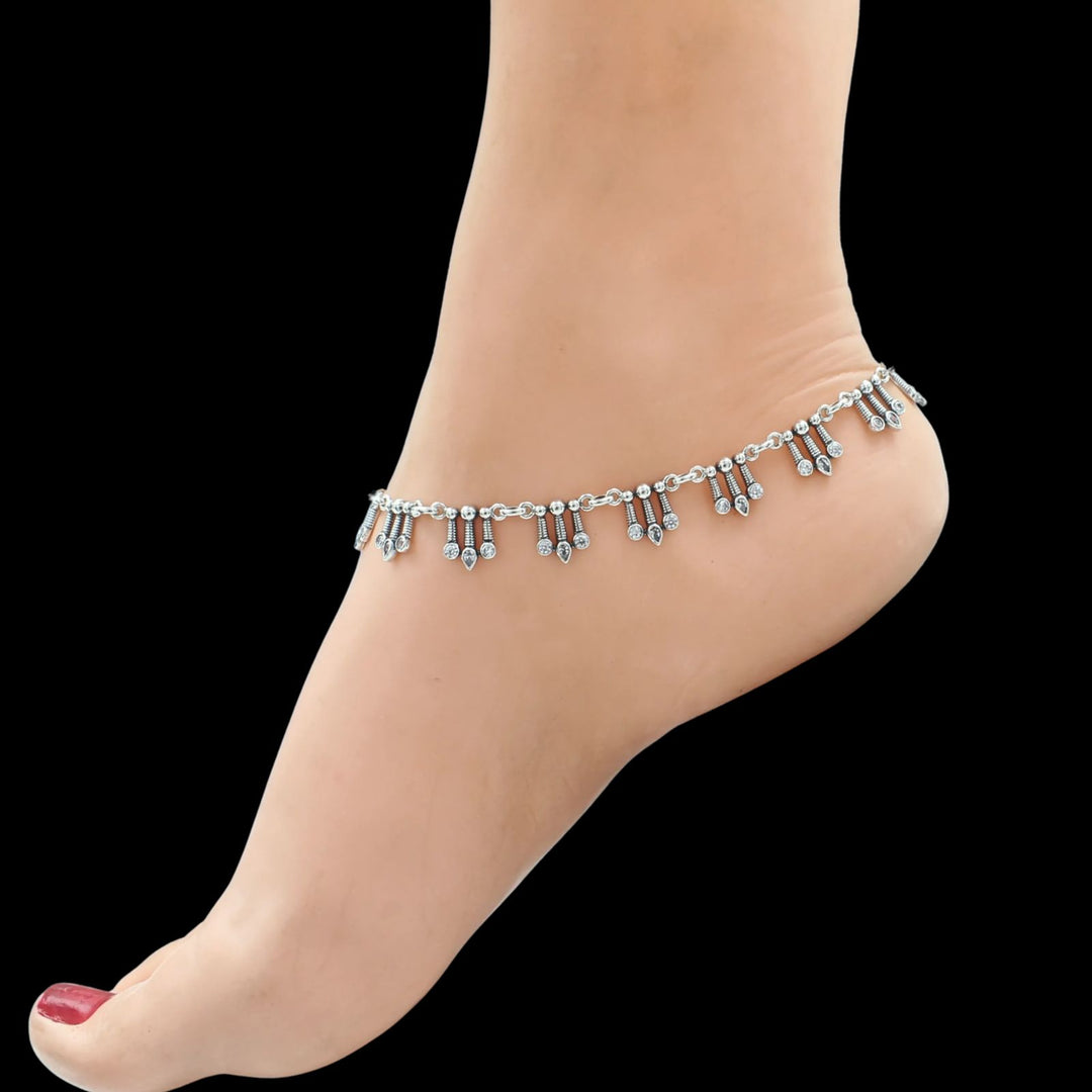 Boho look 925 Sterling Silver White CZ Oxidised Anklet Pair 10.5"