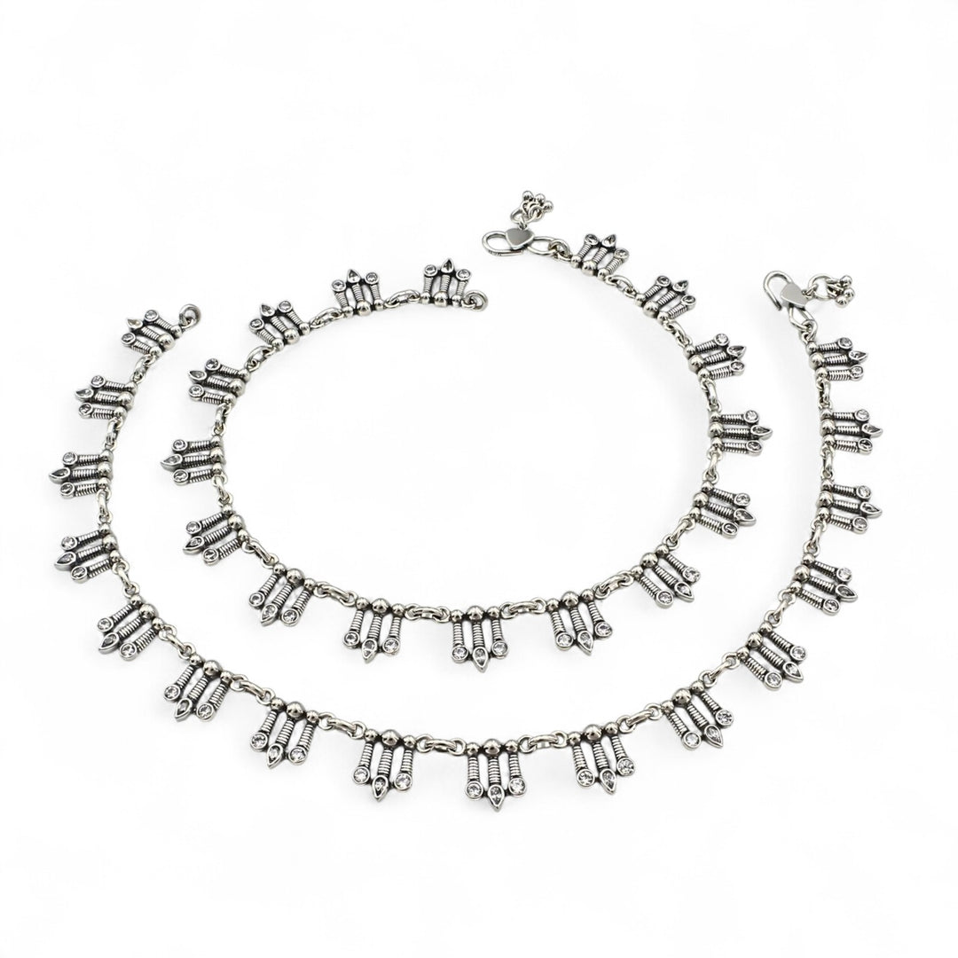 Boho look 925 Sterling Silver White CZ Oxidised Anklet Pair 10.5"