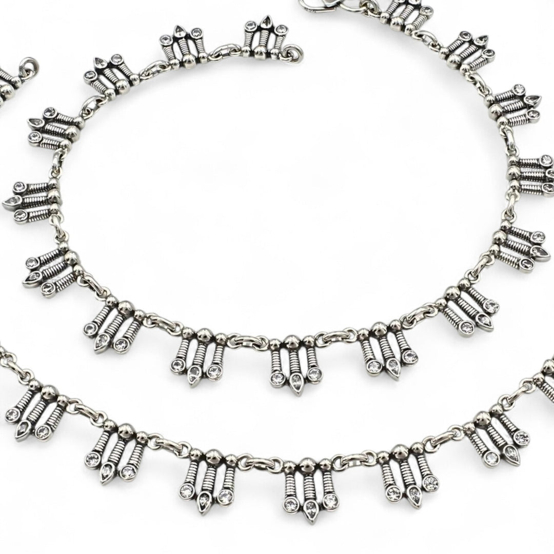 Boho look 925 Sterling Silver White CZ Oxidised Anklet Pair 10.5"
