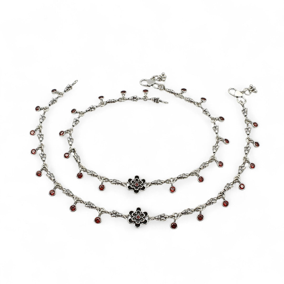 925 Sterling Silver Orange CZ Oxidised floral Anklet Pair 10.3"