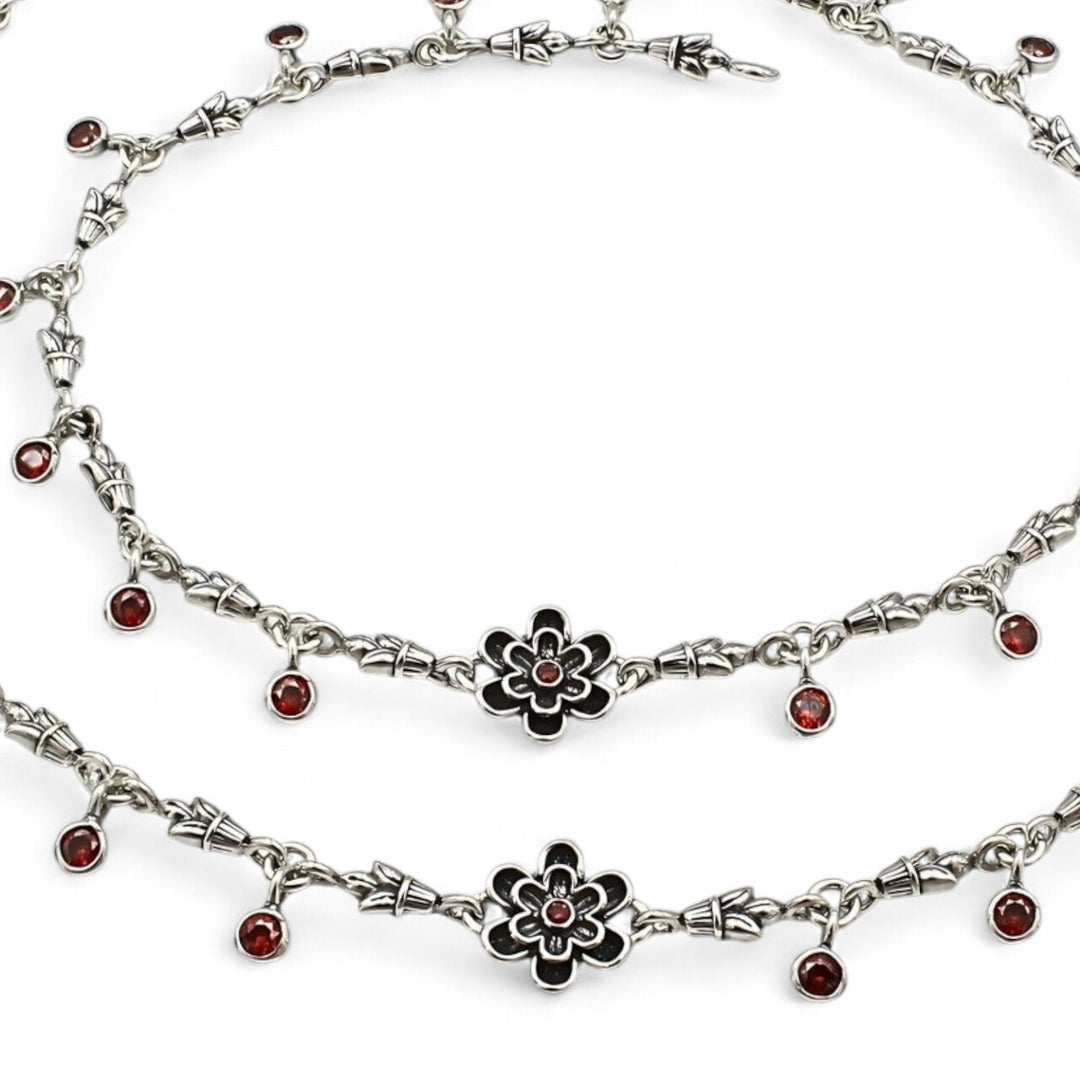 925 Sterling Silver Orange CZ Oxidised floral Anklet Pair 10.3"