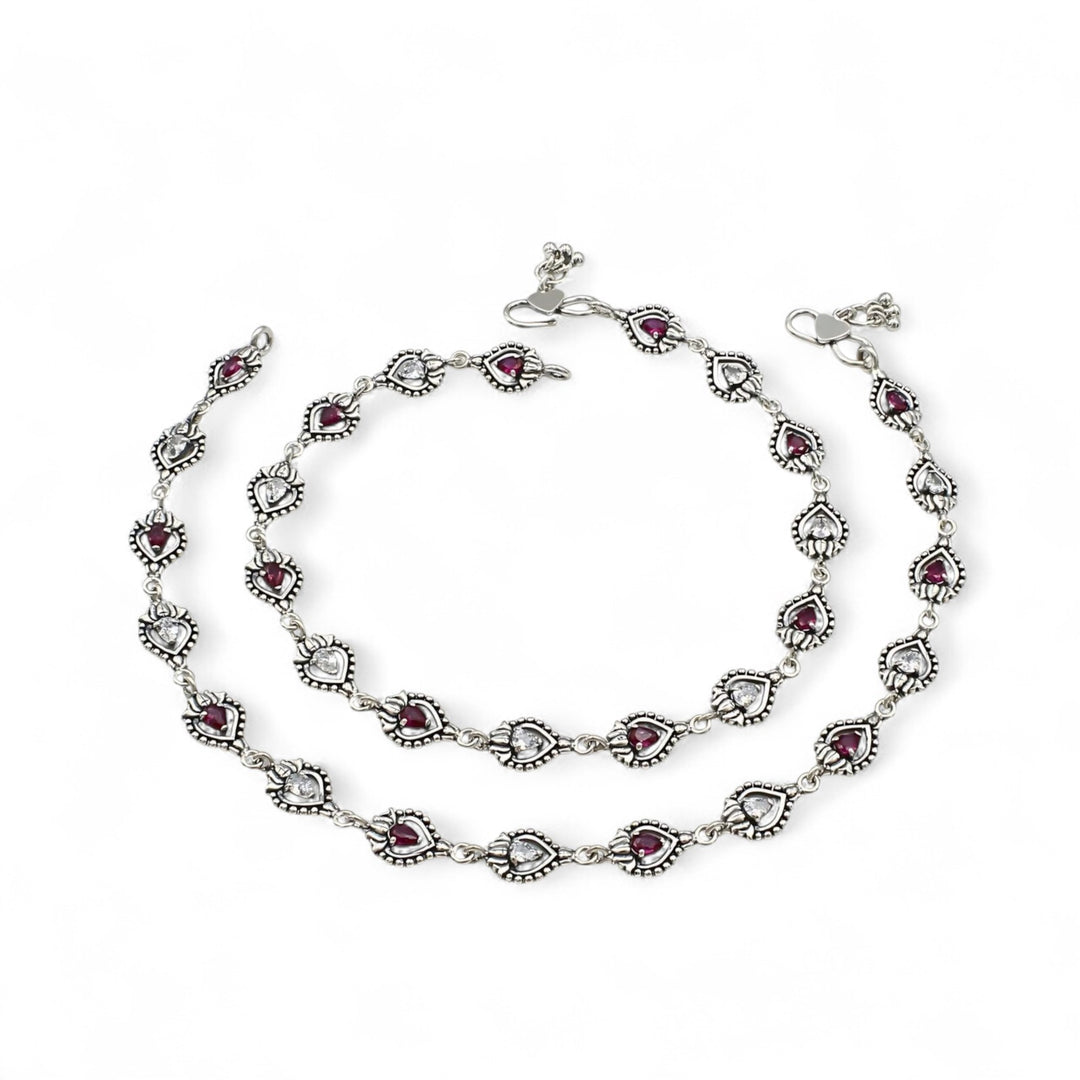 Unique trendy 925 Sterling Silver Pink White CZ Oxidised Anklet Pair 10"