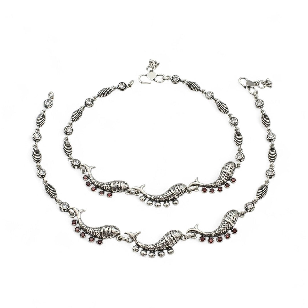 925 Sterling Silver Excellent gifting Orange CZ Oxidized Fish Anklet Pair 10.5"