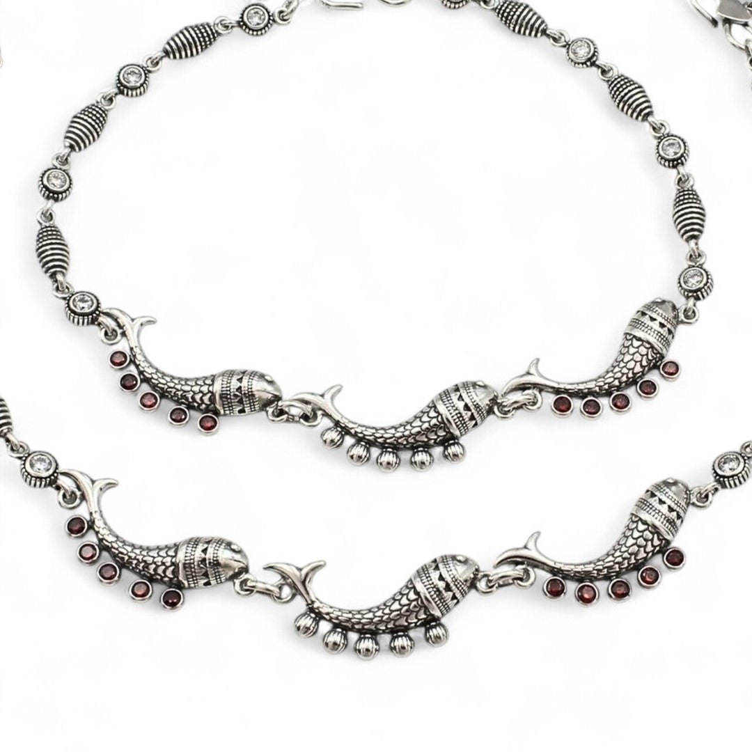 925 Sterling Silver Excellent gifting Orange CZ Oxidized Fish Anklet Pair 10.5"