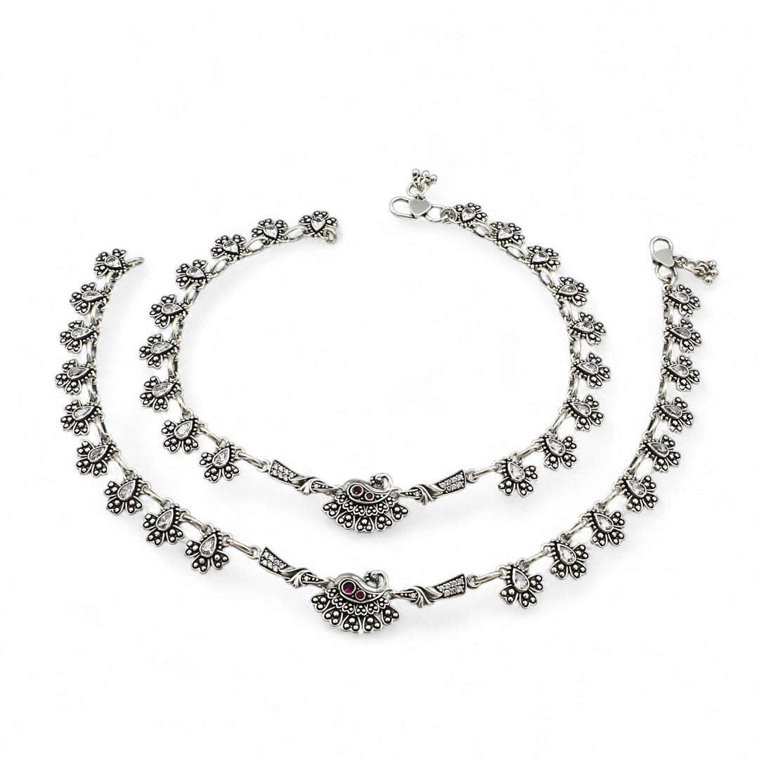 Flower design 925 Sterling Silver Pink White CZ Oxidized Peacock Anklet Pair 10.3"