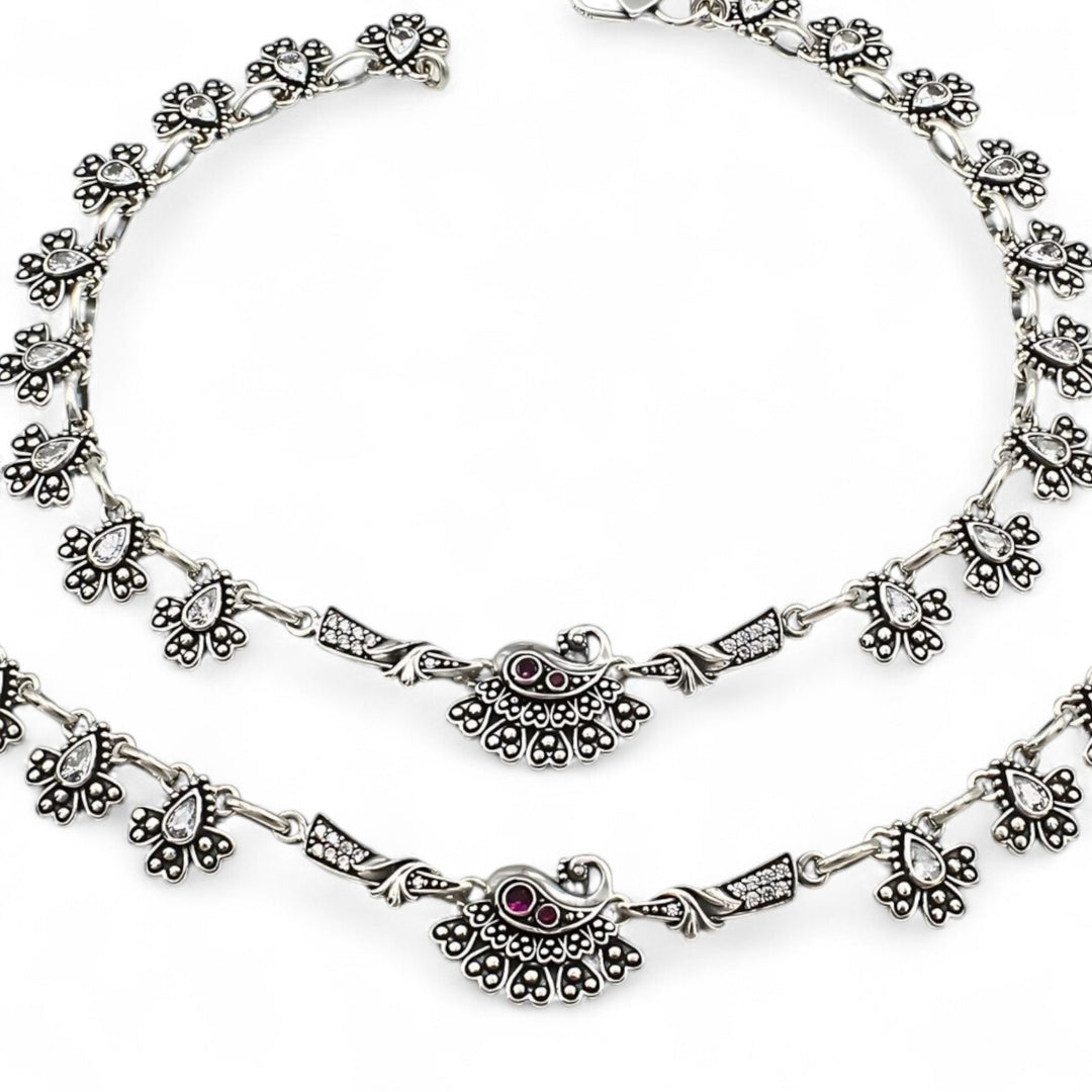 Flower design 925 Sterling Silver Pink White CZ Oxidized Peacock Anklet Pair 10.3"