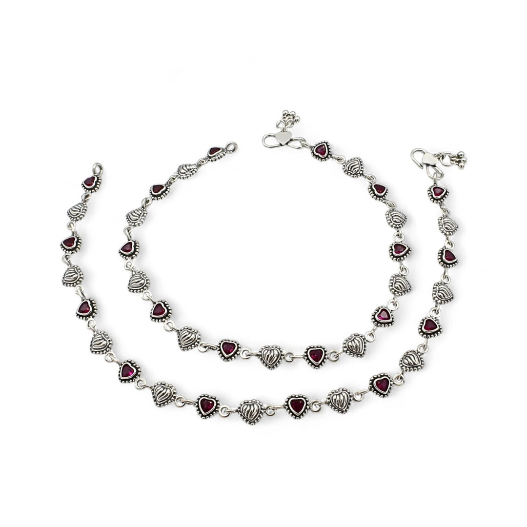 Cute Heart 925 Sterling Silver Pink CZ Oxidized Anklet Pair 10"