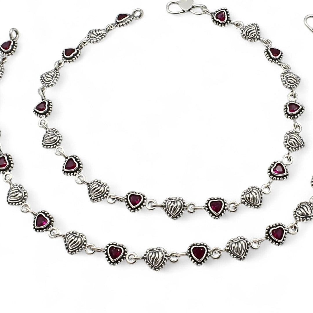 Cute Heart 925 Sterling Silver Pink CZ Oxidized Anklet Pair 10"