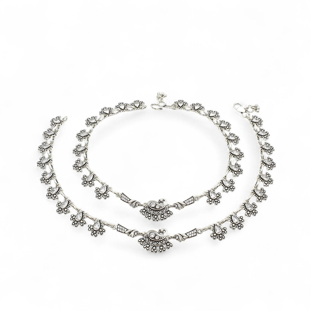 925 Sterling Silver Women Peacock design White CZ Oxidised Anklet Pair 10.3"