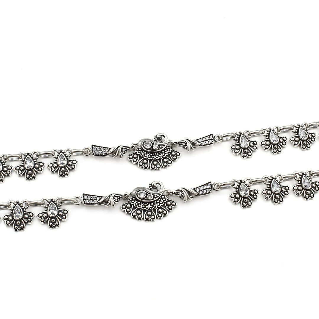 925 Sterling Silver Women Peacock design White CZ Oxidised Anklet Pair 10.3"