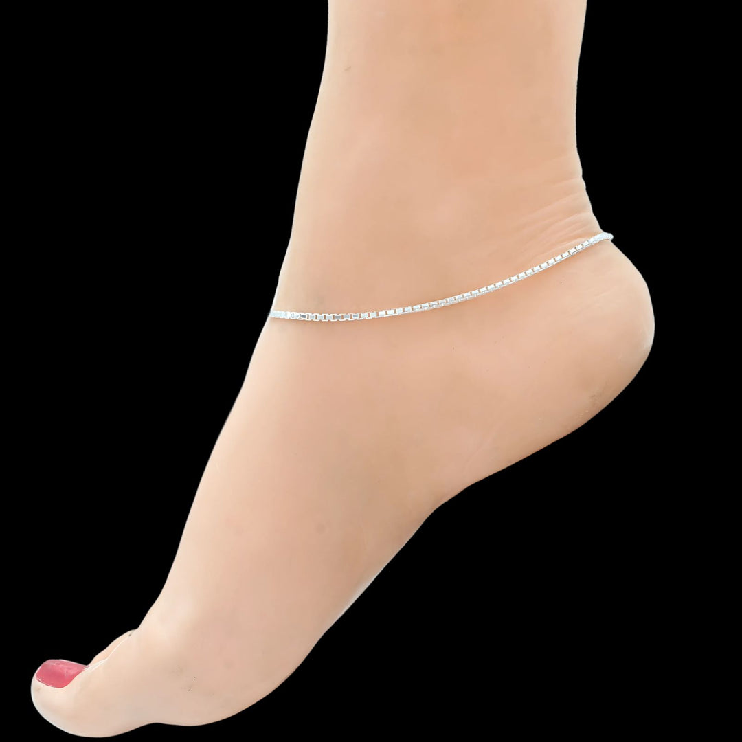 Beach wear Real 925 Sterling Silver women box chain Anklet Ankle Pair 10.3"