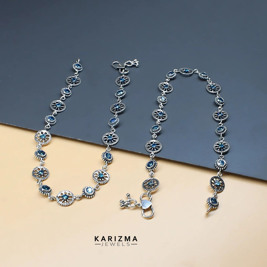 Unique floral style 925 Sterling Silver Women Blue CZ Oxidised Anklets Pair 10.3"