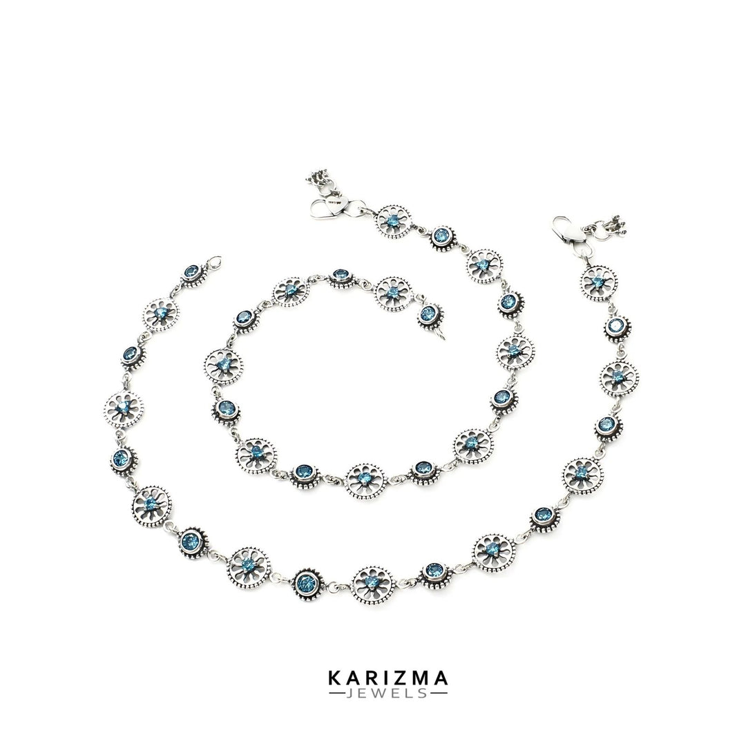 Unique floral style 925 Sterling Silver Women Blue CZ Oxidised Anklets Pair 10.3"