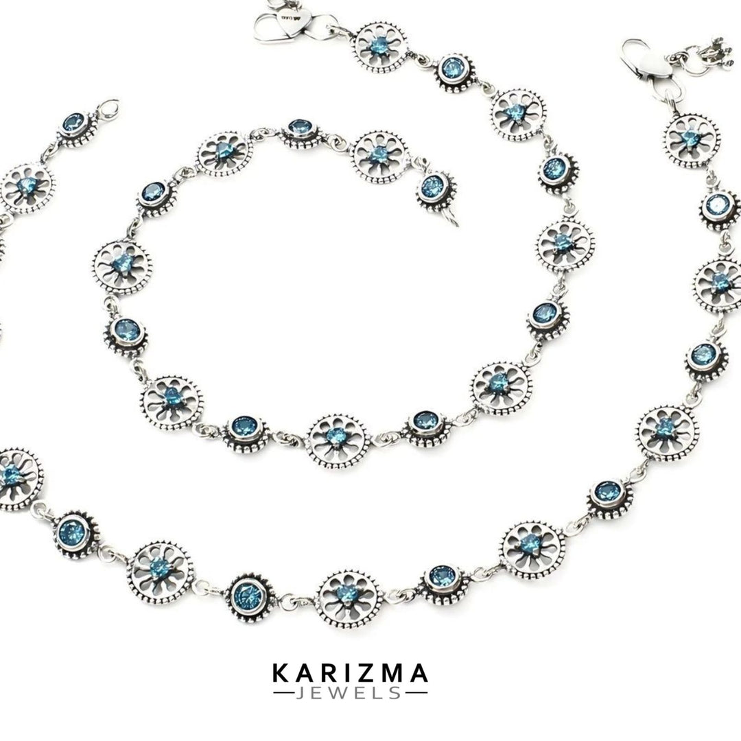 Unique floral style 925 Sterling Silver Women Blue CZ Oxidised Anklets Pair 10.3"