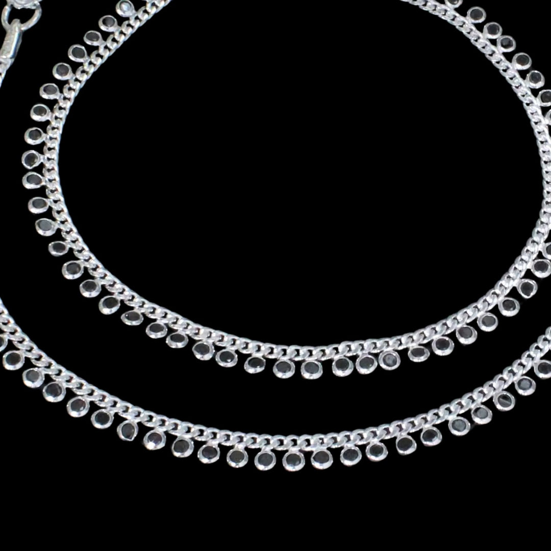 Real Sterling Silver amazing Clear Black CZ Indian women Anklets Ankle Pair 10.3"